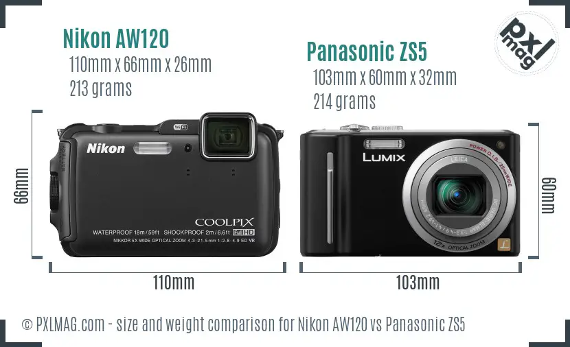 Nikon AW120 vs Panasonic ZS5 size comparison