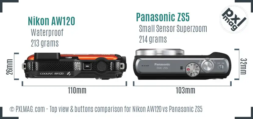 Nikon AW120 vs Panasonic ZS5 top view buttons comparison