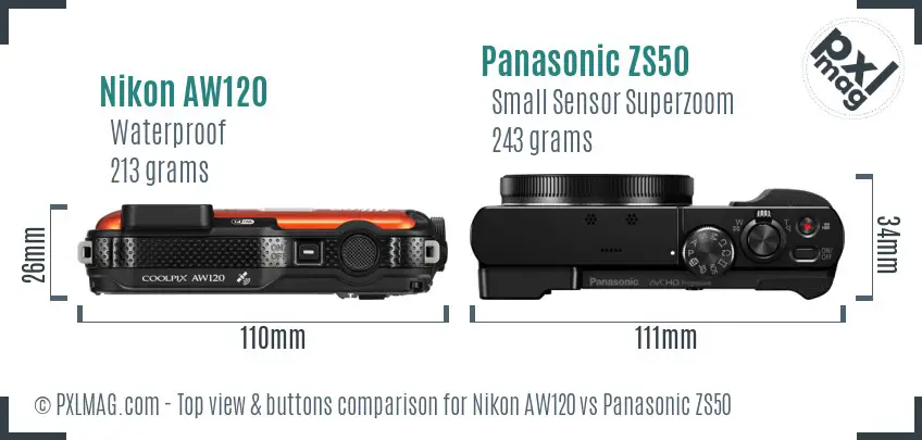 Nikon AW120 vs Panasonic ZS50 top view buttons comparison