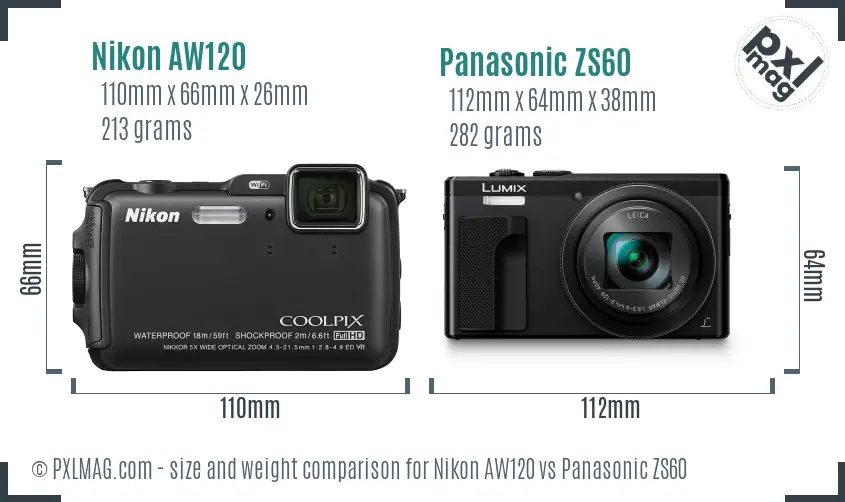 Nikon AW120 vs Panasonic ZS60 size comparison