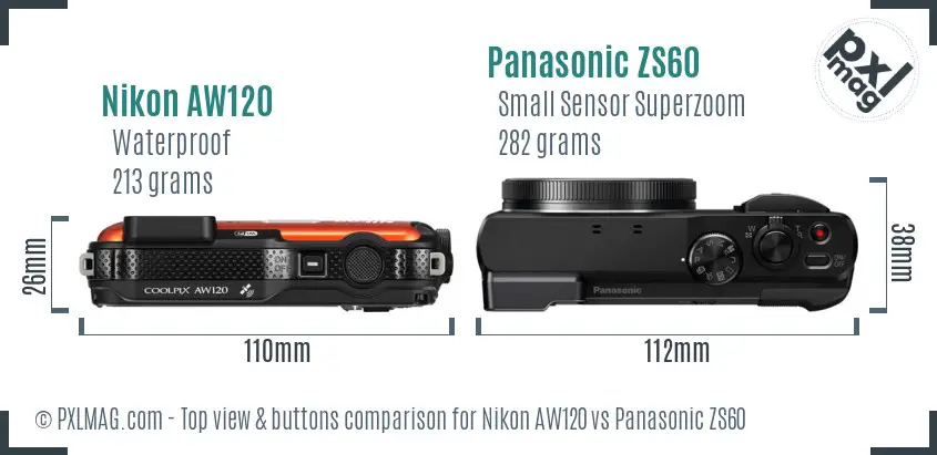 Nikon AW120 vs Panasonic ZS60 top view buttons comparison