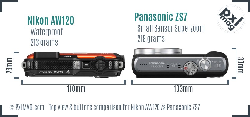 Nikon AW120 vs Panasonic ZS7 top view buttons comparison