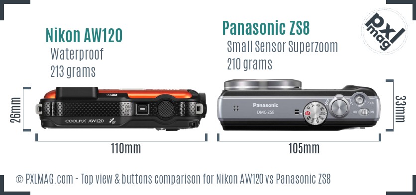 Nikon AW120 vs Panasonic ZS8 top view buttons comparison