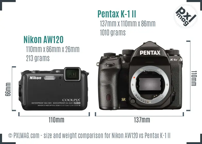 Nikon AW120 vs Pentax K-1 II size comparison