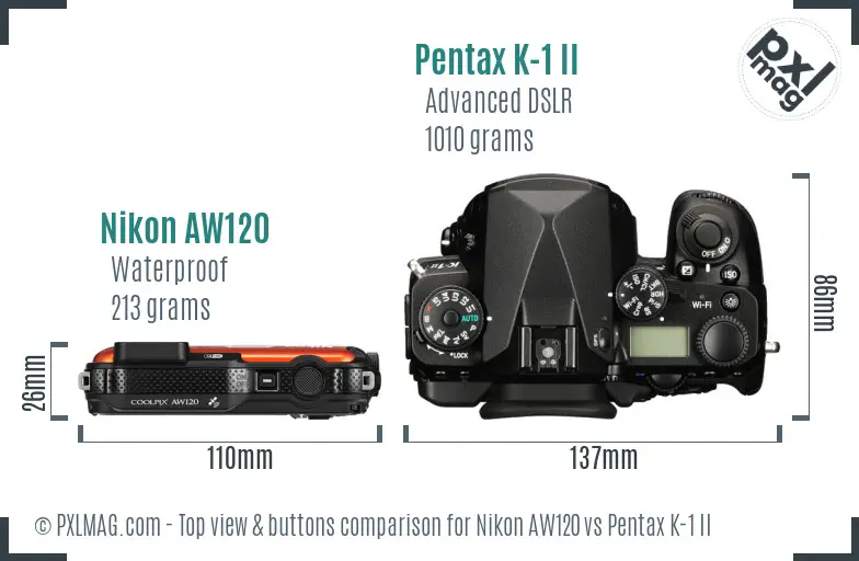 Nikon AW120 vs Pentax K-1 II top view buttons comparison