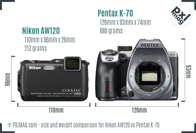 Nikon AW120 vs Pentax K-70 size comparison