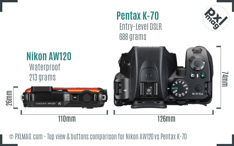 Nikon AW120 vs Pentax K-70 top view buttons comparison