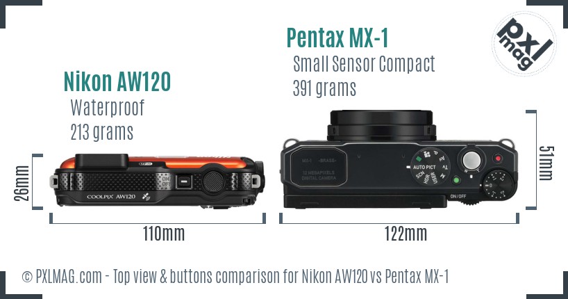 Nikon AW120 vs Pentax MX-1 top view buttons comparison