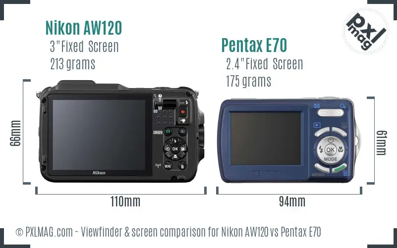 Nikon AW120 vs Pentax E70 Screen and Viewfinder comparison