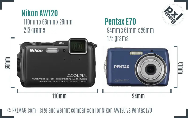 Nikon AW120 vs Pentax E70 size comparison