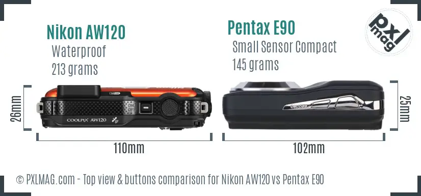 Nikon AW120 vs Pentax E90 top view buttons comparison Nikon AW120 vs Pentax E90 top view buttons comparison
