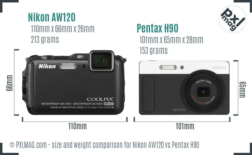 Nikon AW120 vs Pentax H90 size comparison
