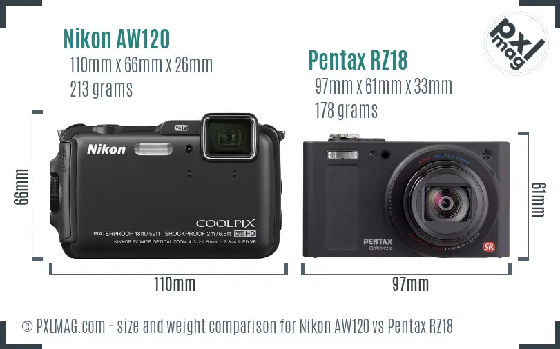 Nikon AW120 vs Pentax RZ18 size comparison Nikon AW120 vs Pentax RZ18 size comparison