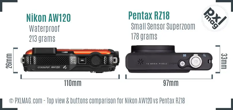 Nikon AW120 vs Pentax RZ18 top view buttons comparison Nikon AW120 vs Pentax RZ18 top view buttons comparison