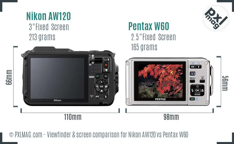 Nikon AW120 vs Pentax W60 Screen and Viewfinder comparison