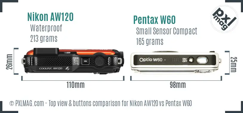 Nikon AW120 vs Pentax W60 top view buttons comparison