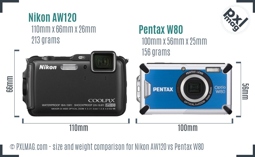 Nikon AW120 vs Pentax W80 size comparison