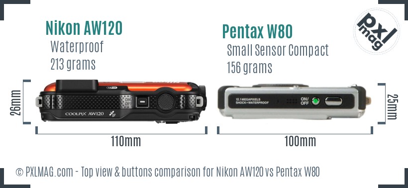 Nikon AW120 vs Pentax W80 top view buttons comparison