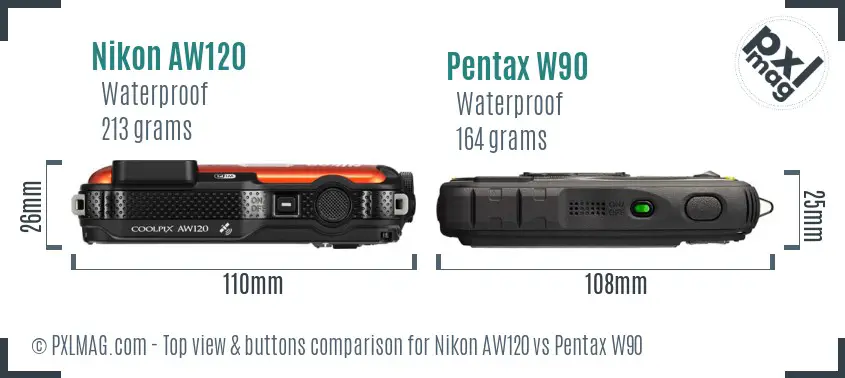 Nikon AW120 vs Pentax W90 top view buttons comparison