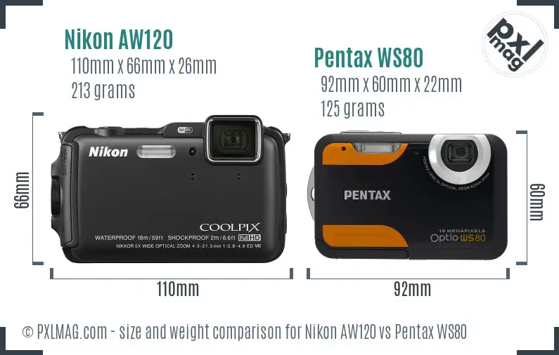 Nikon AW120 vs Pentax WS80 size comparison