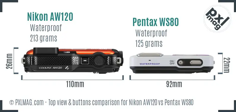 Nikon AW120 vs Pentax WS80 top view buttons comparison