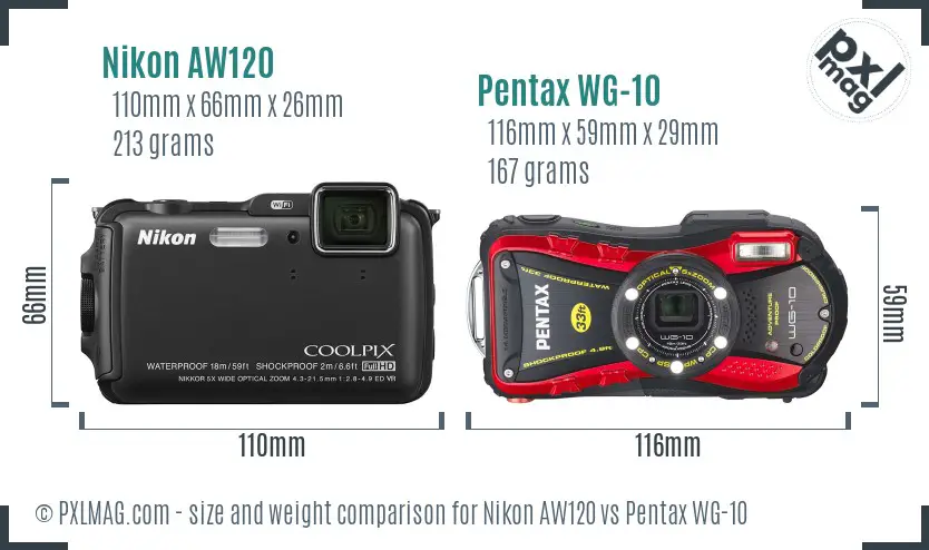 Nikon AW120 vs Pentax WG-10 size comparison