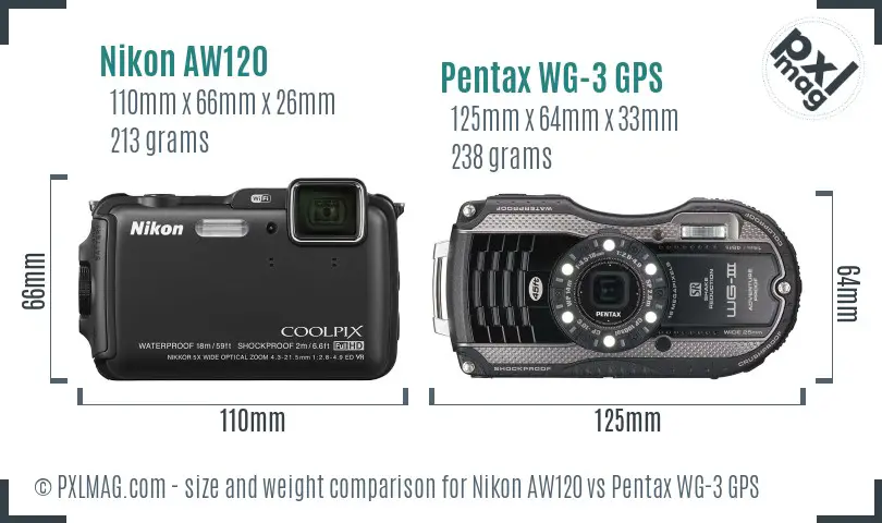 Nikon AW120 vs Pentax WG-3 GPS size comparison