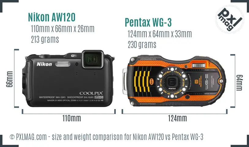 Nikon AW120 vs Pentax WG-3 size comparison