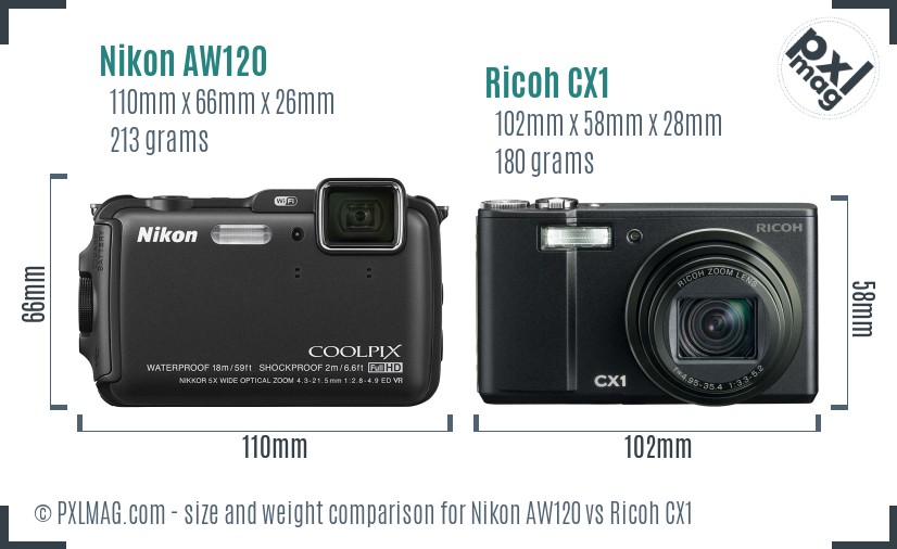 Nikon AW120 vs Ricoh CX1 size comparison Nikon AW120 vs Ricoh CX1 size comparison