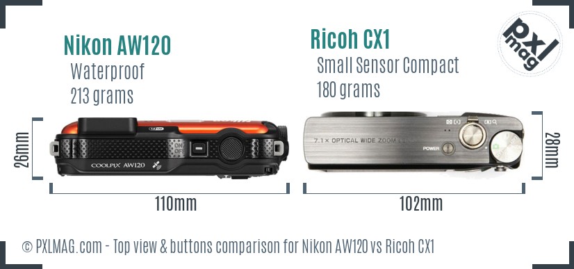 Nikon AW120 vs Ricoh CX1 top view buttons comparison