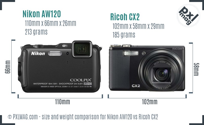 Nikon AW120 vs Ricoh CX2 size comparison Nikon AW120 vs Ricoh CX2 size comparison