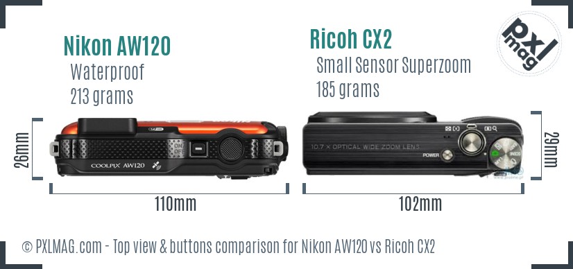 Nikon AW120 vs Ricoh CX2 top view buttons comparison