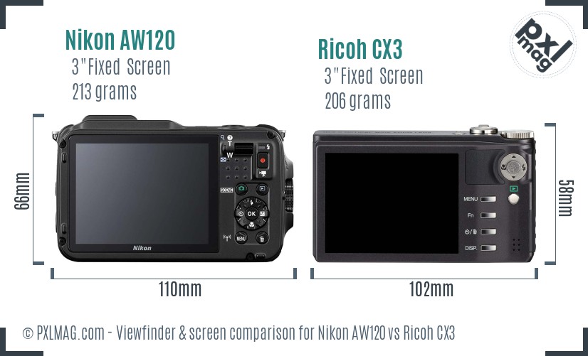 Nikon AW120 vs Ricoh CX3 Screen and Viewfinder comparison