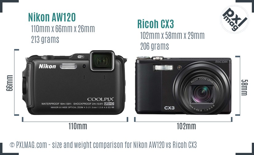 Nikon AW120 vs Ricoh CX3 size comparison