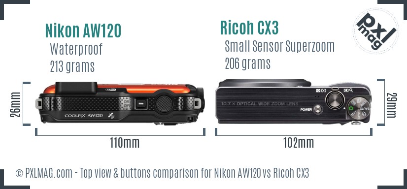 Nikon AW120 vs Ricoh CX3 top view buttons comparison
