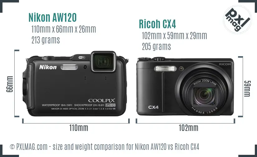 Nikon AW120 vs Ricoh CX4 size comparison Nikon AW120 vs Ricoh CX4 size comparison