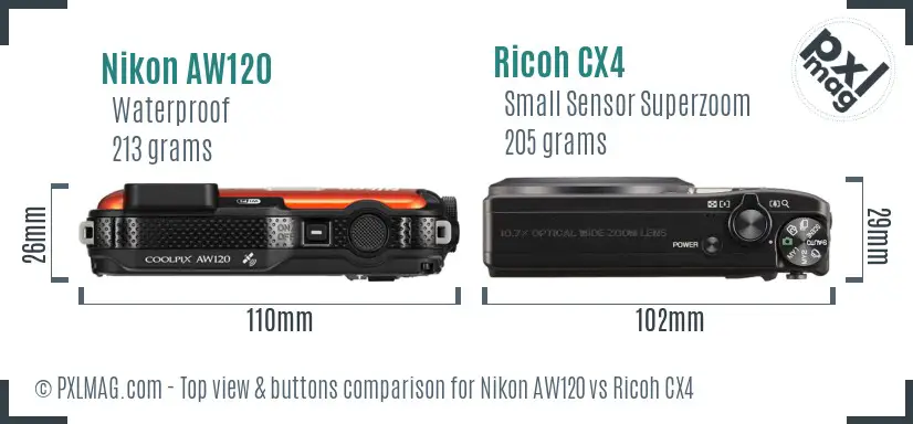 Nikon AW120 vs Ricoh CX4 top view buttons comparison Nikon AW120 vs Ricoh CX4 top view buttons comparison