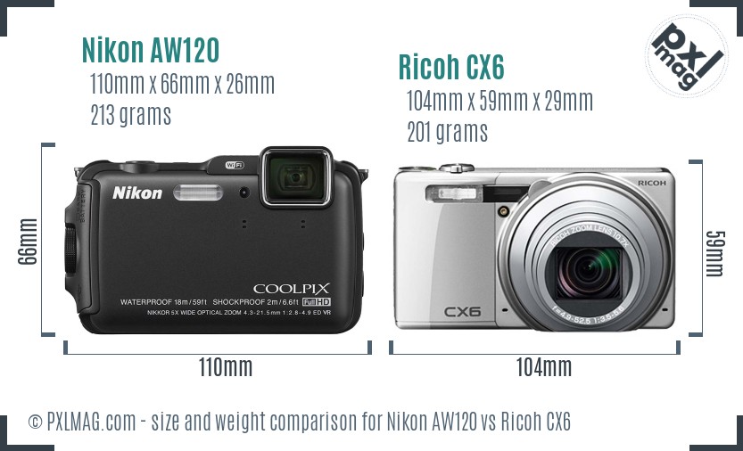 Nikon AW120 vs Ricoh CX6 size comparison Nikon AW120 vs Ricoh CX6 size comparison