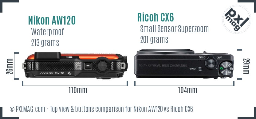 Nikon AW120 vs Ricoh CX6 top view buttons comparison