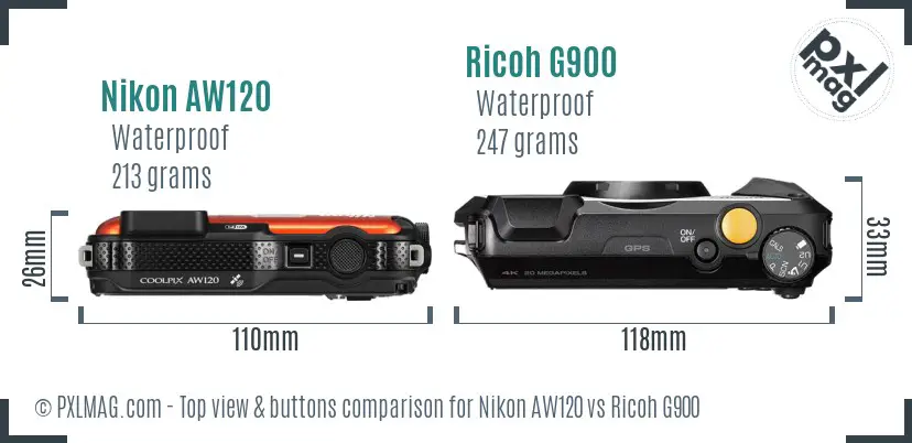 Nikon AW120 vs Ricoh G900 top view buttons comparison