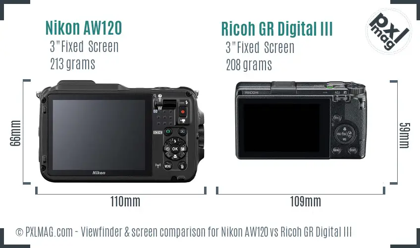 Nikon AW120 vs Ricoh GR Digital III Screen and Viewfinder comparison