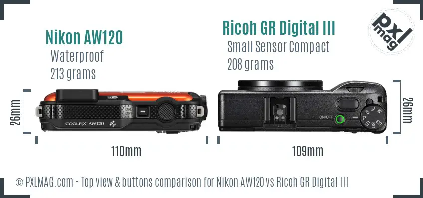 Nikon AW120 vs Ricoh GR Digital III top view buttons comparison