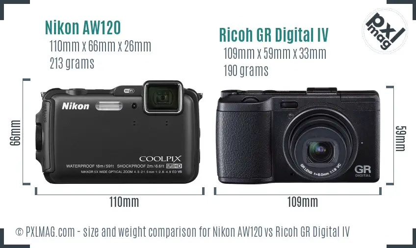 Nikon AW120 vs Ricoh GR Digital IV size comparison Nikon AW120 vs Ricoh GR Digital IV size comparison
