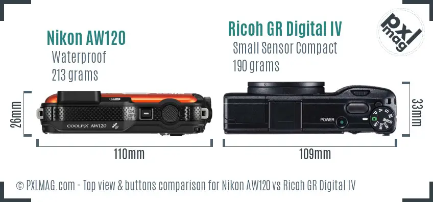 Nikon AW120 vs Ricoh GR Digital IV top view buttons comparison Nikon AW120 vs Ricoh GR Digital IV top view buttons comparison