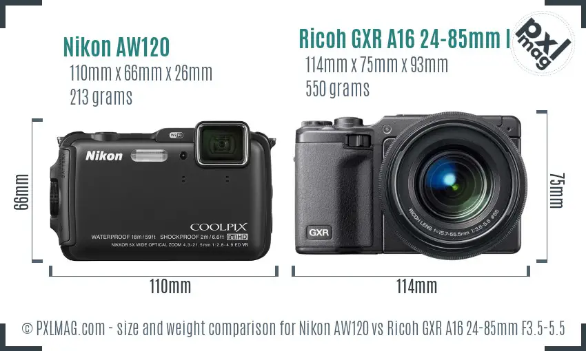 Nikon AW120 vs Ricoh GXR A16 24-85mm F3.5-5.5 size comparison