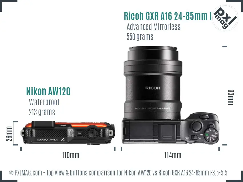 Nikon AW120 vs Ricoh GXR A16 24-85mm F3.5-5.5 top view buttons comparison