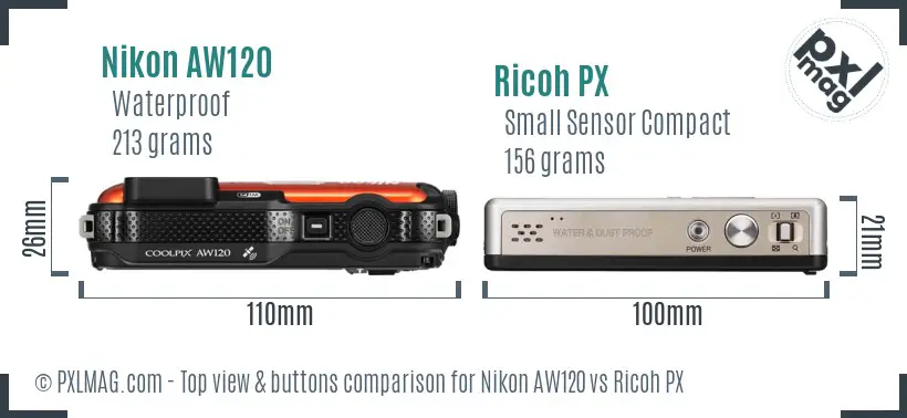 Nikon AW120 vs Ricoh PX top view buttons comparison Nikon AW120 vs Ricoh PX top view buttons comparison