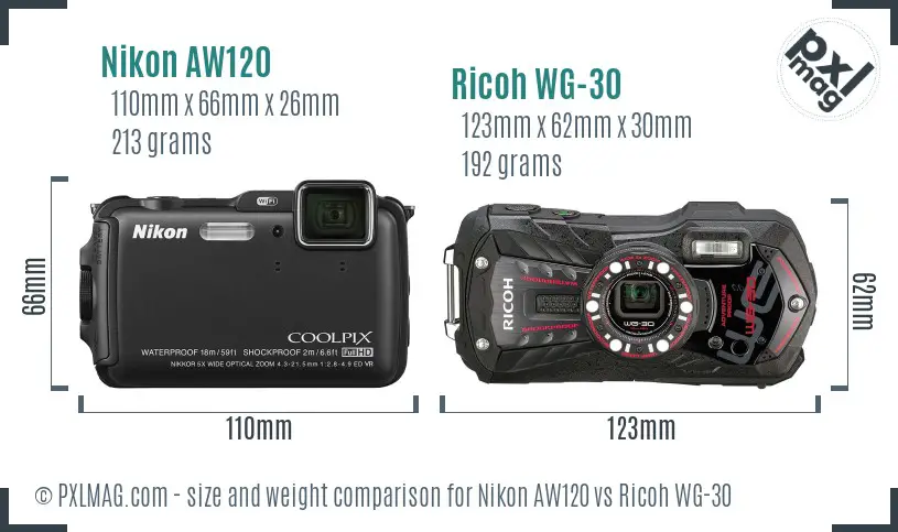 Nikon AW120 vs Ricoh WG-30 size comparison