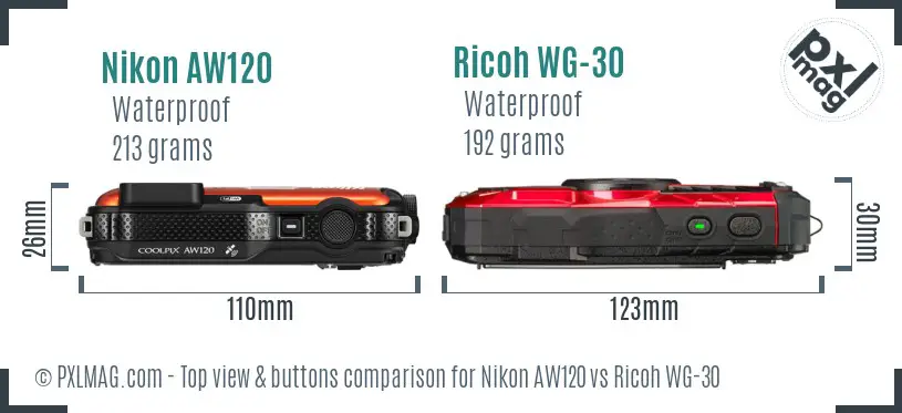 Nikon AW120 vs Ricoh WG-30 top view buttons comparison