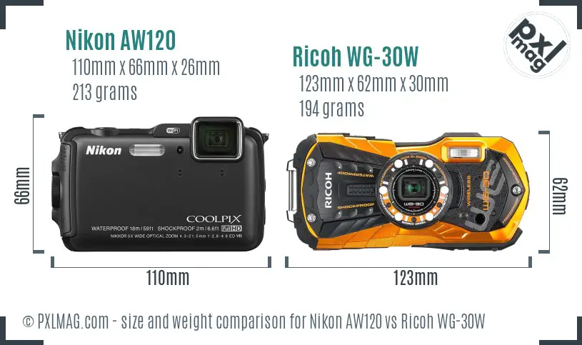 Nikon AW120 vs Ricoh WG-30W size comparison